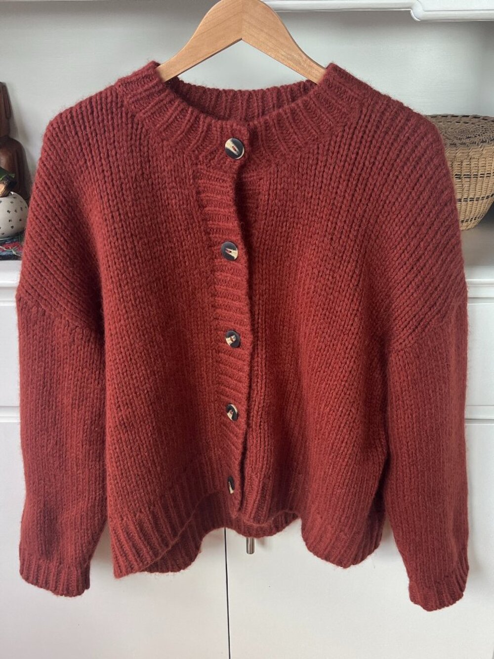 Ali Golden Merino Crew Neck Cardigan- Rust